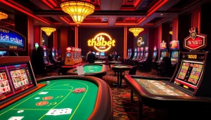 Players enjoying thrilling games at thabet.com with vibrant tables and slot machines.