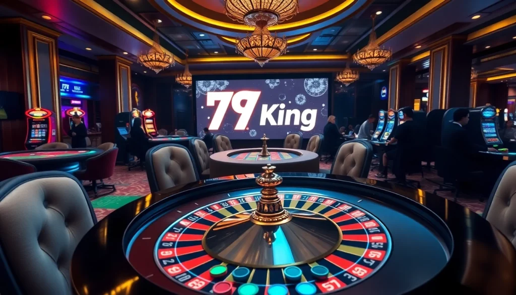 Engage in thrilling casino gaming with 79 King at a luxurious roulette table surrounded by excitement.