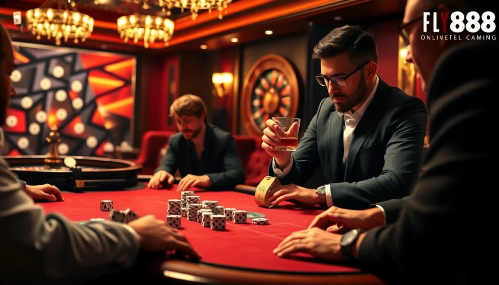 Engaging poker players at FLY88 casino under luxurious lighting and ambiance.