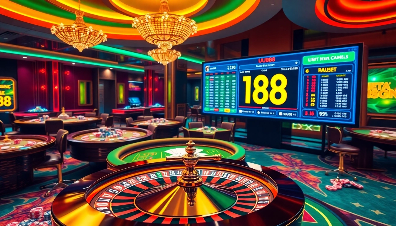 UU88 casino table with vibrant poker chips and cards enhancing the gambling experience.