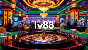 Engage with the lv88 link at a luxurious casino, featuring a vibrant online gambling interface with roulette and poker elements.