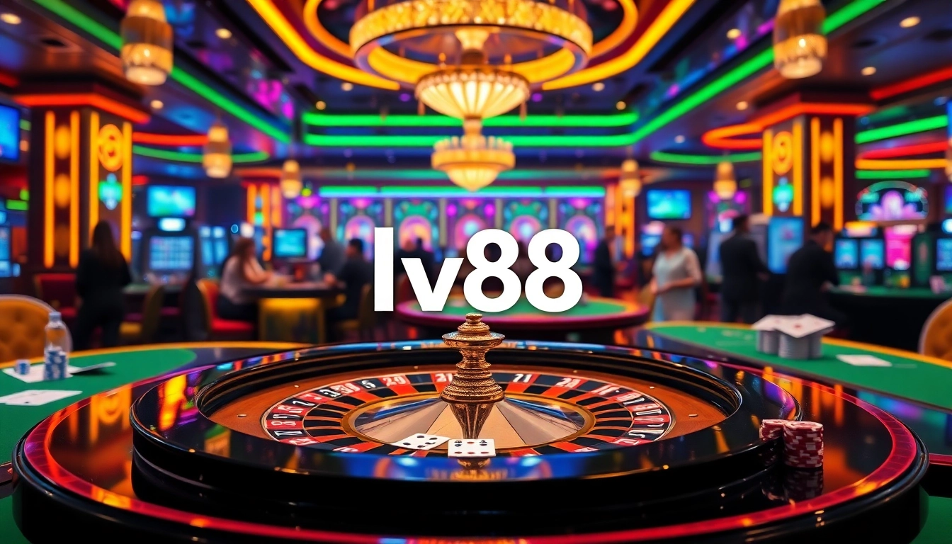 Engage with the lv88 link at a luxurious casino, featuring a vibrant online gambling interface with roulette and poker elements.