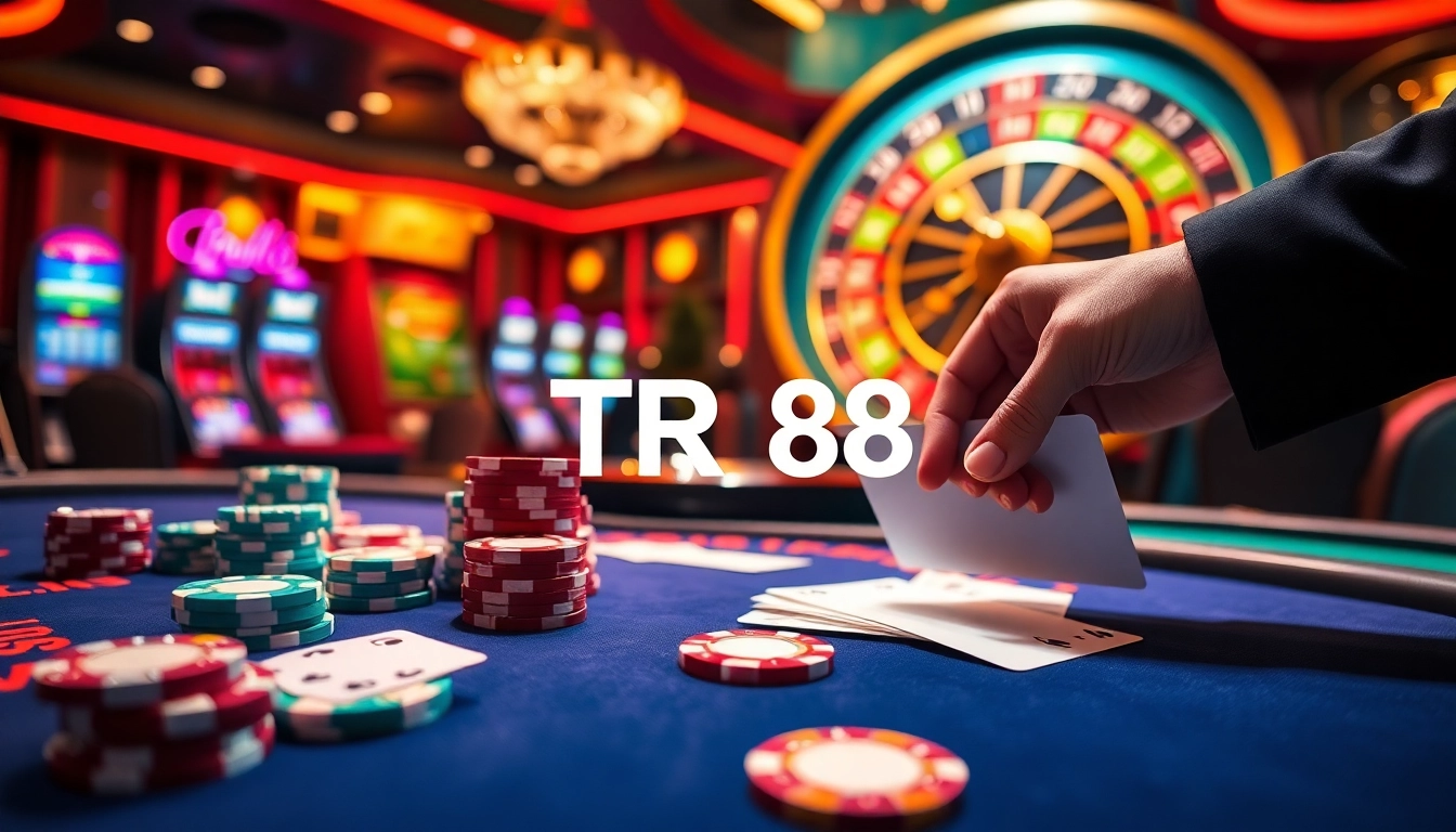 Players engage in a thrilling game at a luxurious casino table featuring TR 88 poker chips and vibrant slot machines.