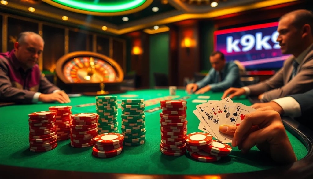 Players engaging in a thrilling poker game at a luxurious casino table featuring k9k9 elements.