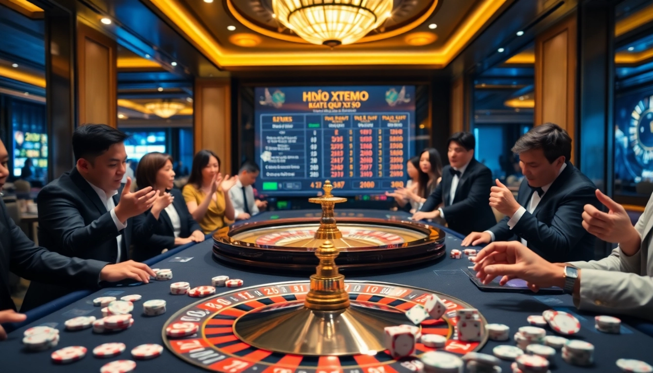 Kết quả xổ số displayed at an elegant casino with players engaging at a roulette table.