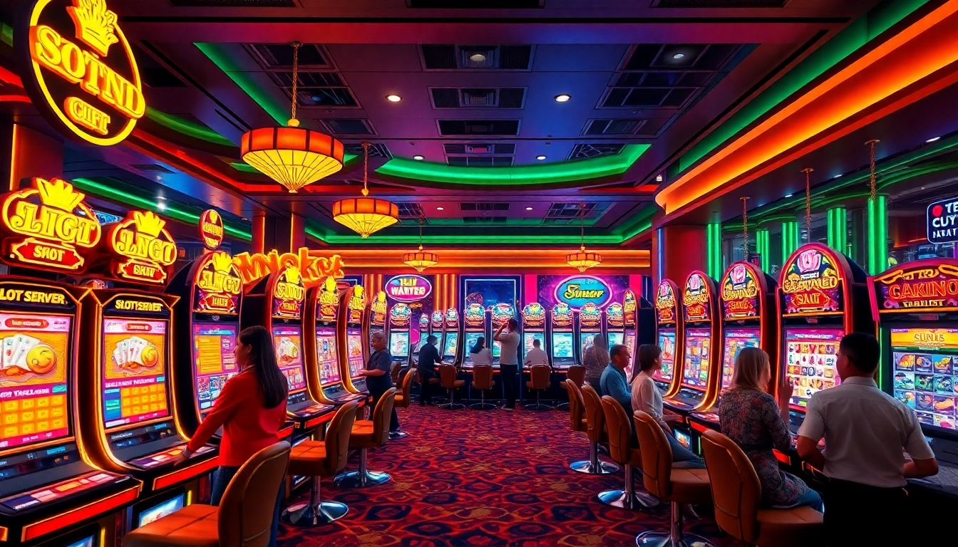 Rasakan sensasi Slot Server Thailand bersama pemain di mesin slot mewah dalam lingkungan kasino yang hidup.