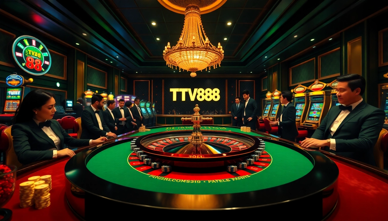 Players enjoy a thrilling game at the TV88 casino, with vibrant slot machines and elegant decor.