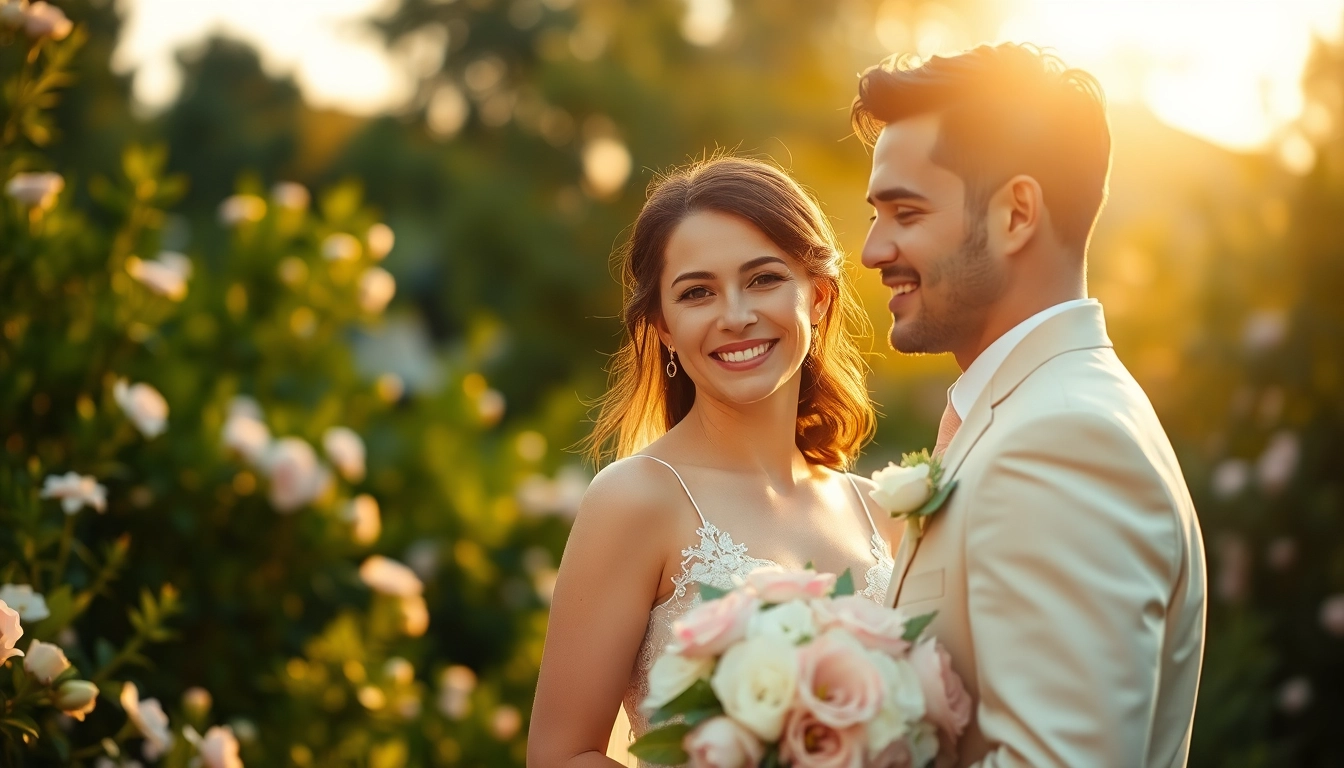 Wedding photographer capturing a loving couple in a picturesque garden during golden hour.