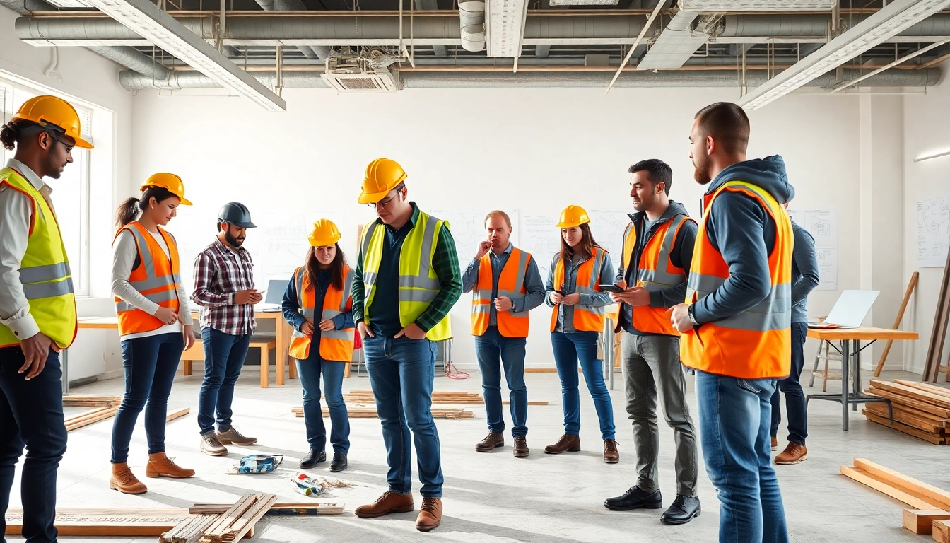 Engaging construction education scene depicting hands-on training with diverse learners in action.