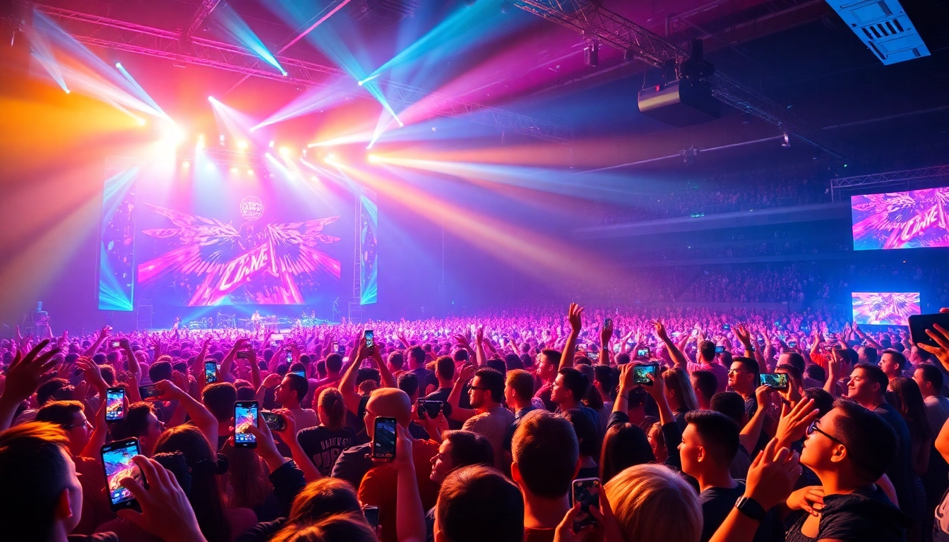 Live presale 2026 scene with excited fans at a concert venue, vibrant lighting, and dynamic stage setup.