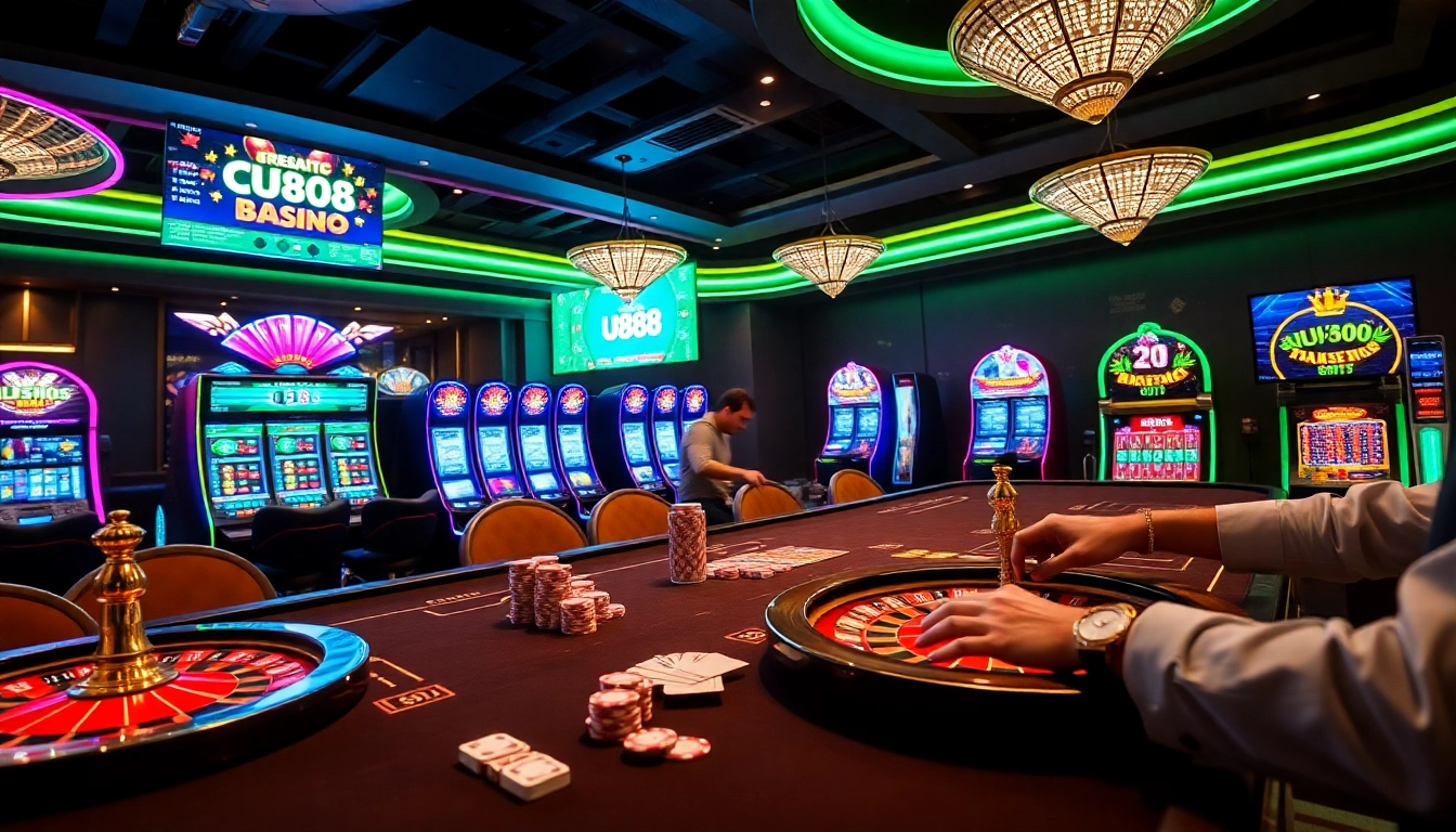 Engaging U888 casino scene with poker chips, a roulette wheel, and glowing slot machines.