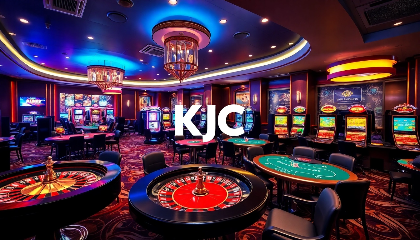 Excited players enjoying various games at KJC casino, surrounded by vibrant slot machines and roulette.