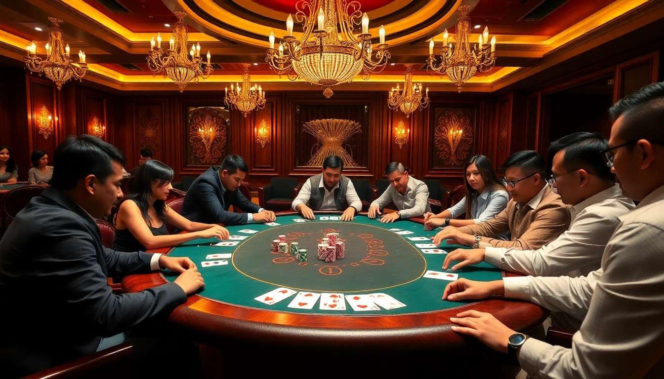 Kamar poker yang bergaya menampilkan permainan intens di situs idn poker dengan chip berwarna-warni dan pemain yang terlibat.