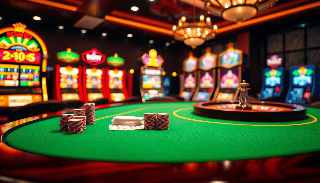 Scène captivante d'un casino en ligne luxueux avec une table de jeu et des machines à sous colorées.