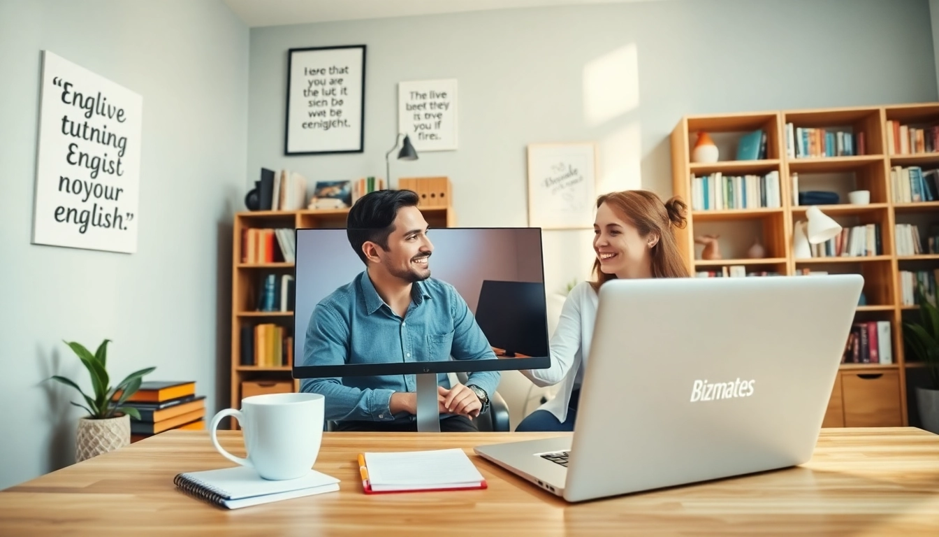 Bizmates 無料体験を象徴する、講師と学習者のフレンドリーな交流を描くオンライン英語レッスン。