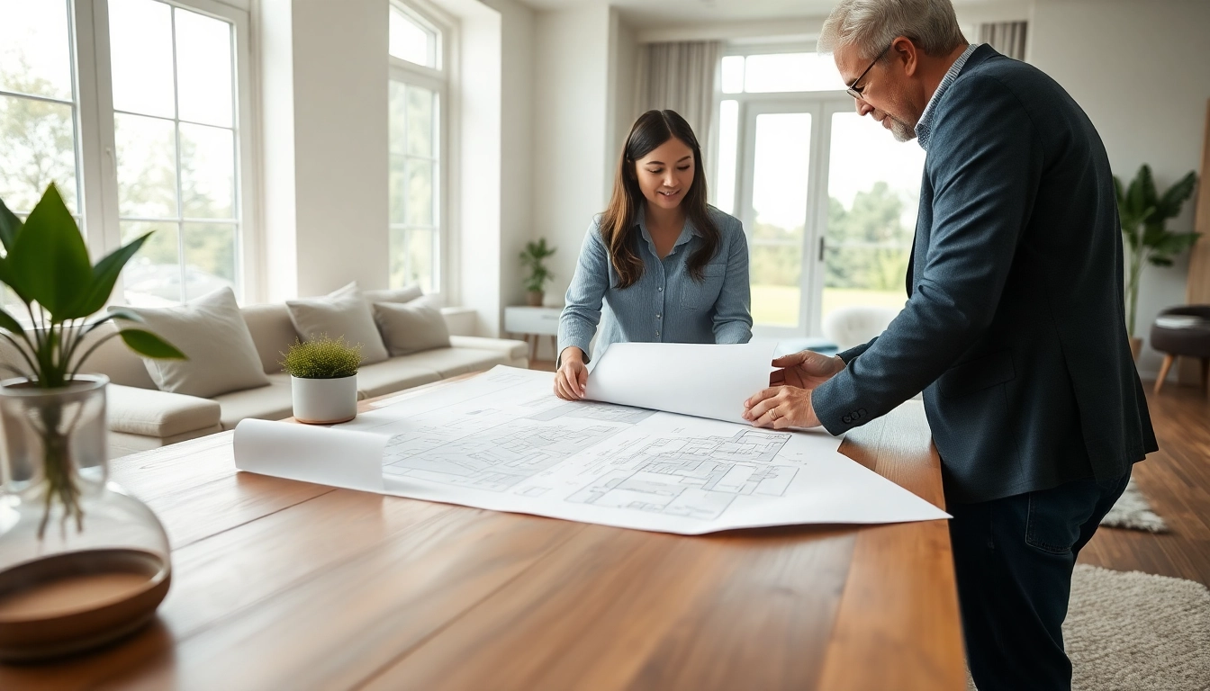 Start a residential architecture project with a home consultation featuring blueprints and an architect.