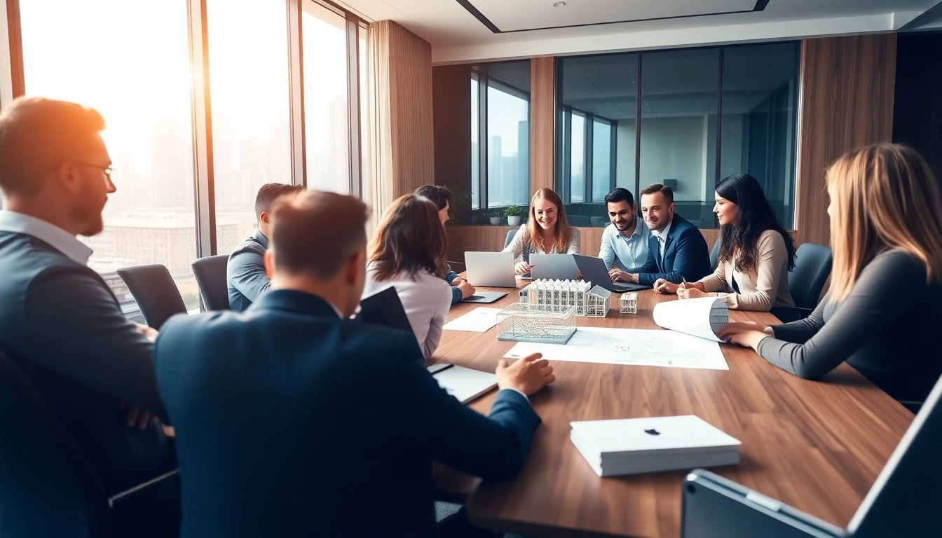 Members of a construction association collaborate in a modern setting, sharing insights for industry advancement.