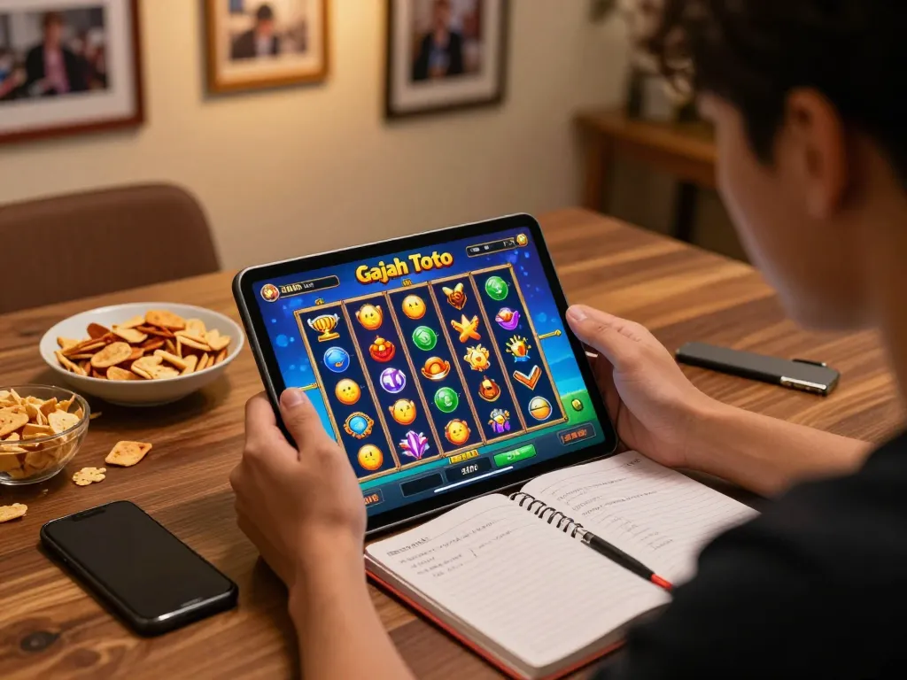 Gajah Toto online gaming setup showcasing a player engaged in strategic slot gameplay with vibrant visuals.