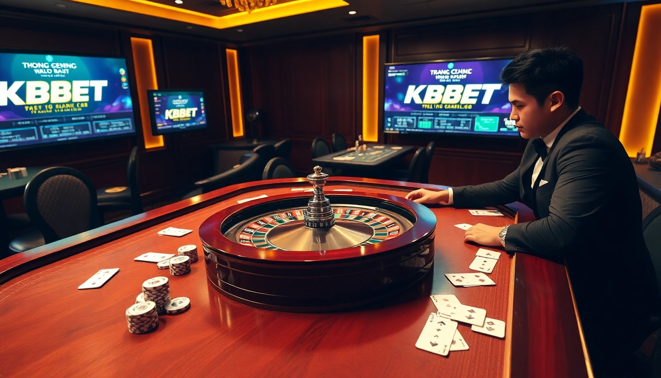 Experience the excitement of gambling at trang chủ KBBET, featuring an elegant casino scene with vibrant playing cards and a roulette wheel.
