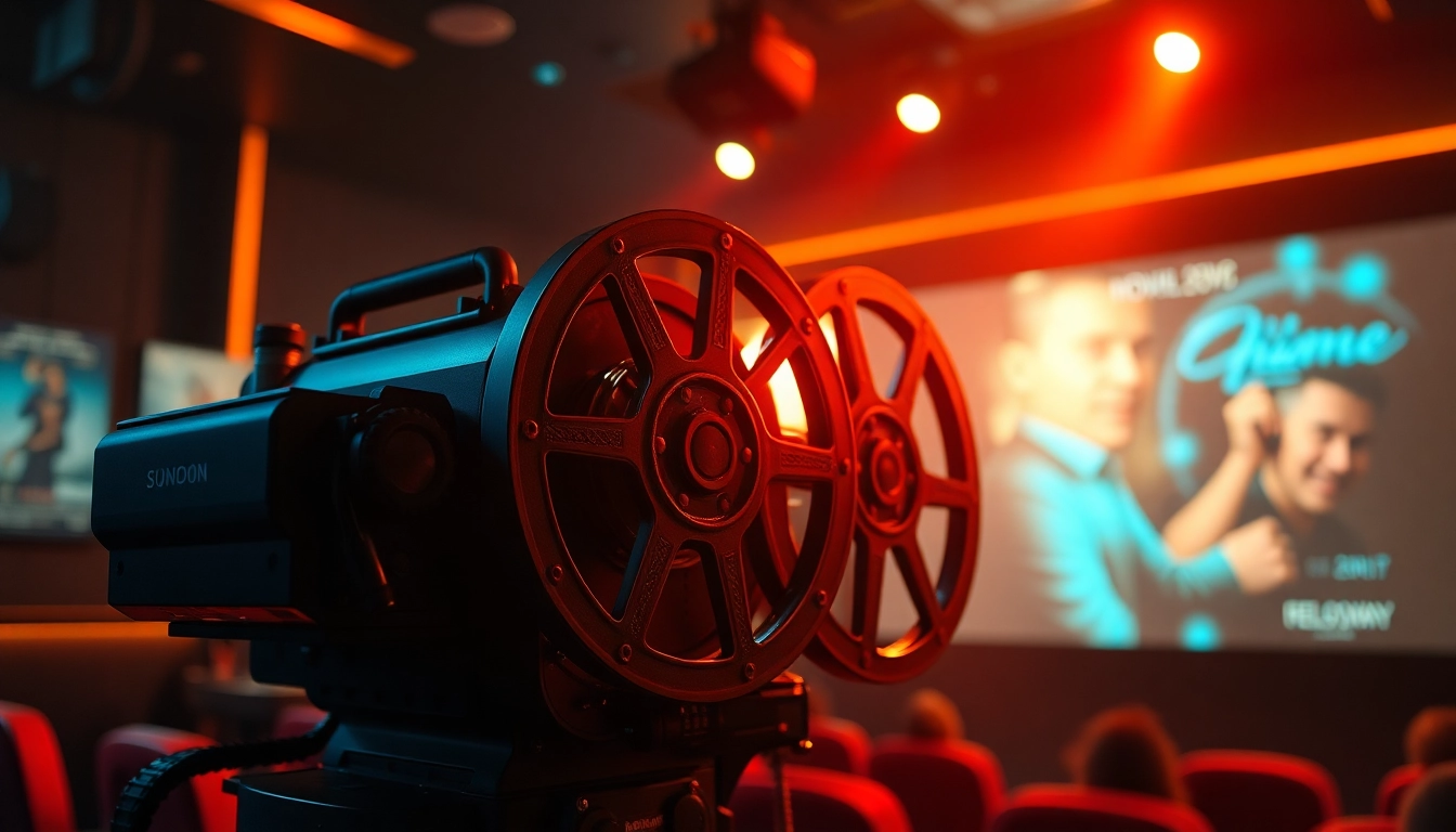 ดูหนัง ในโรงหนังที่มีโปรเจคเตอร์สว่างและบรรยากาศที่กระตุ้นความรู้สึก