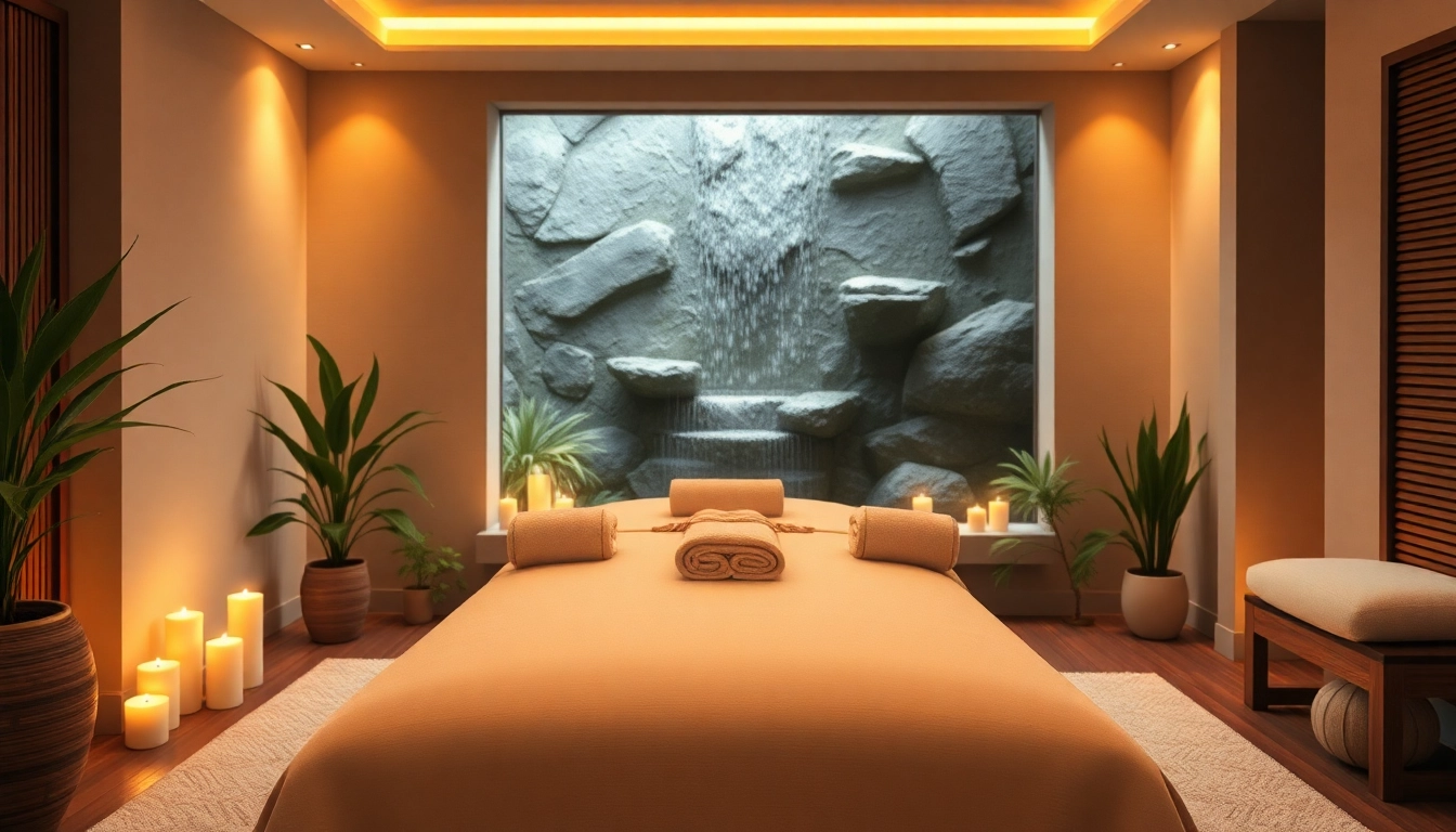 편안한 조명과 부드러운 장식이 어우러진 마사지 테라피 룸.