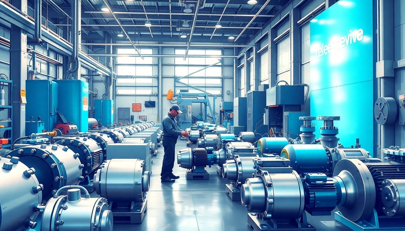 Technicians providing hydraulic pump services in a bright industrial workshop.