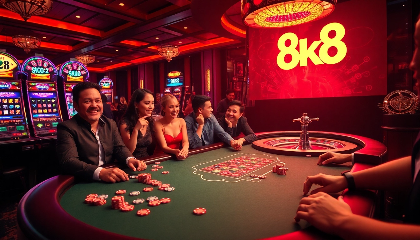Players engaged in high-stakes poker at an 8k8 casino, showcasing excitement and luxury.