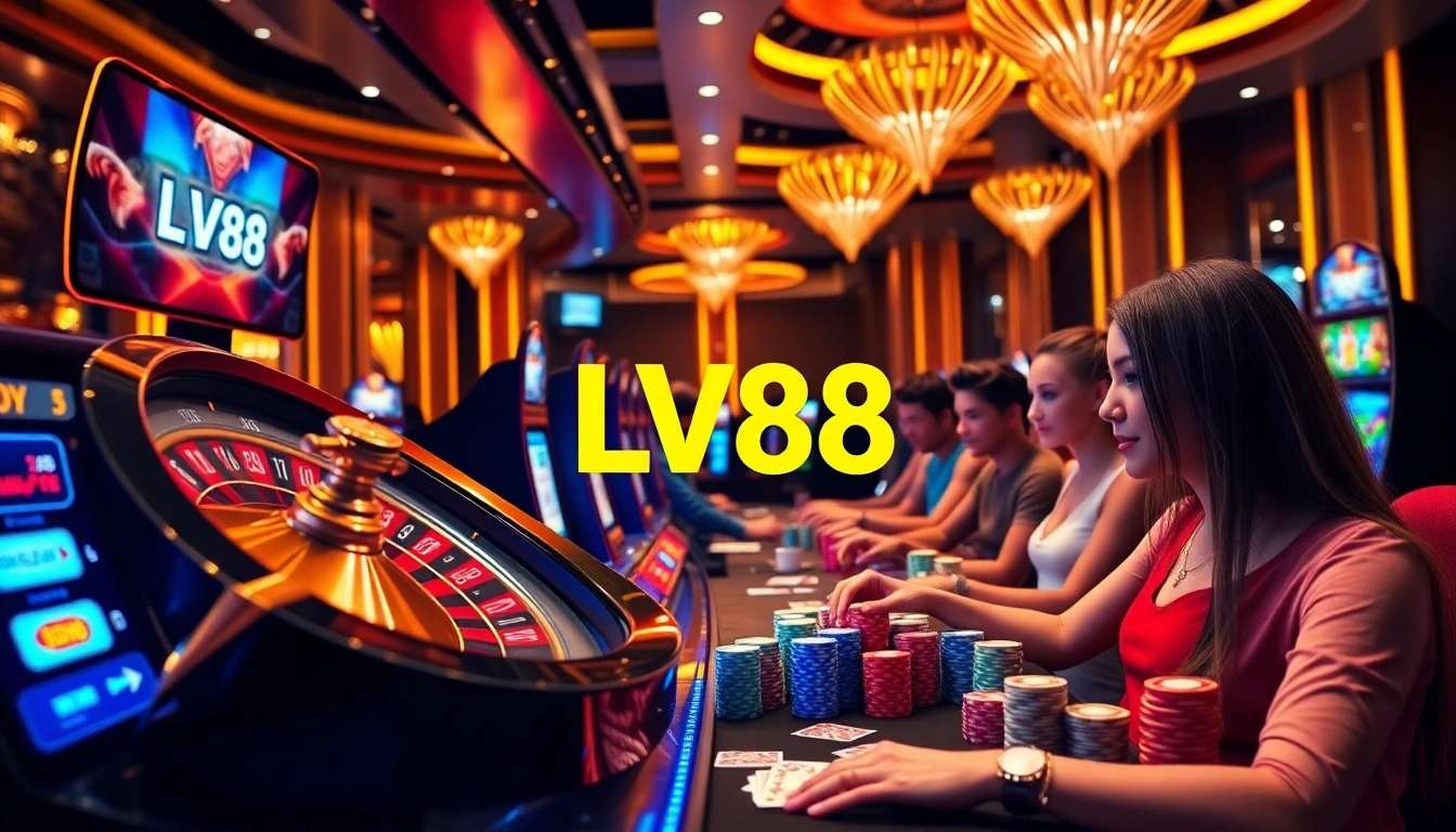 Players enjoying a thrilling moment at LV88 online casino with vibrant gaming elements.