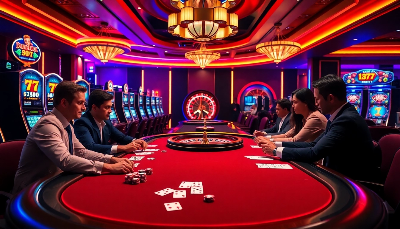 Engaging casino gameplay at LUCK8 with players at a poker table and vibrant slot machines.