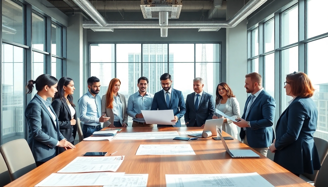 Engaged professionals collaborating in a construction association meeting, emphasizing teamwork and innovation.