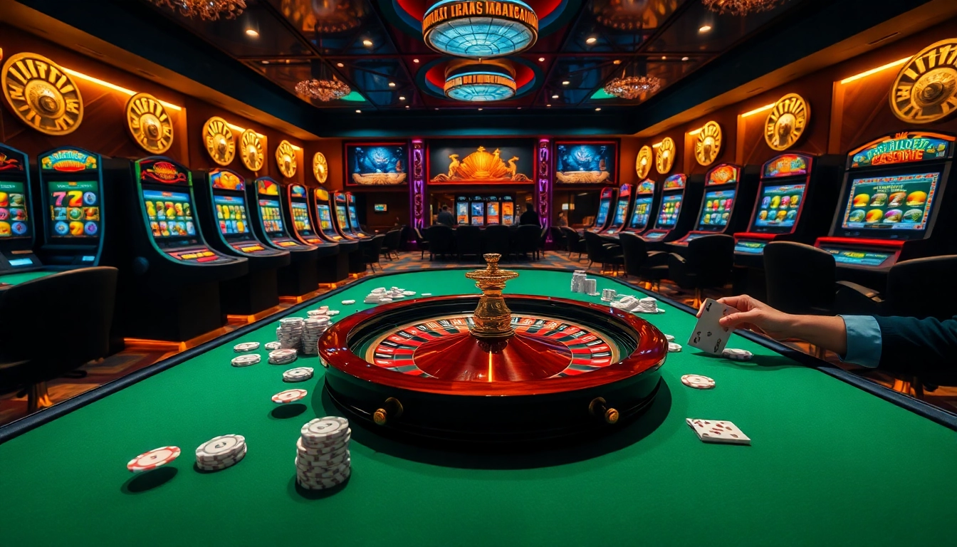 Joueurs engagés dans un luxueux casino en ligne avec des éléments de roulette et de poker.
