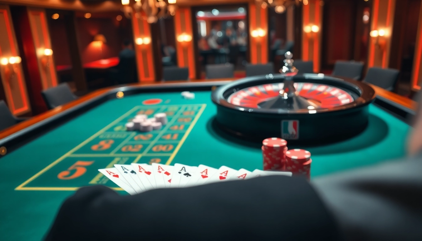 Experience thrilling gameplay at uu888 with a sophisticated roulette wheel and poker setup.