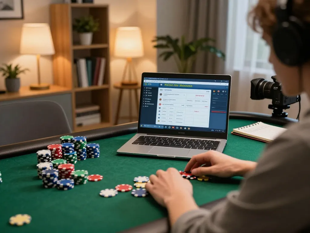 Person playing poker online on da88 platform with colorful chips and strategy notes.