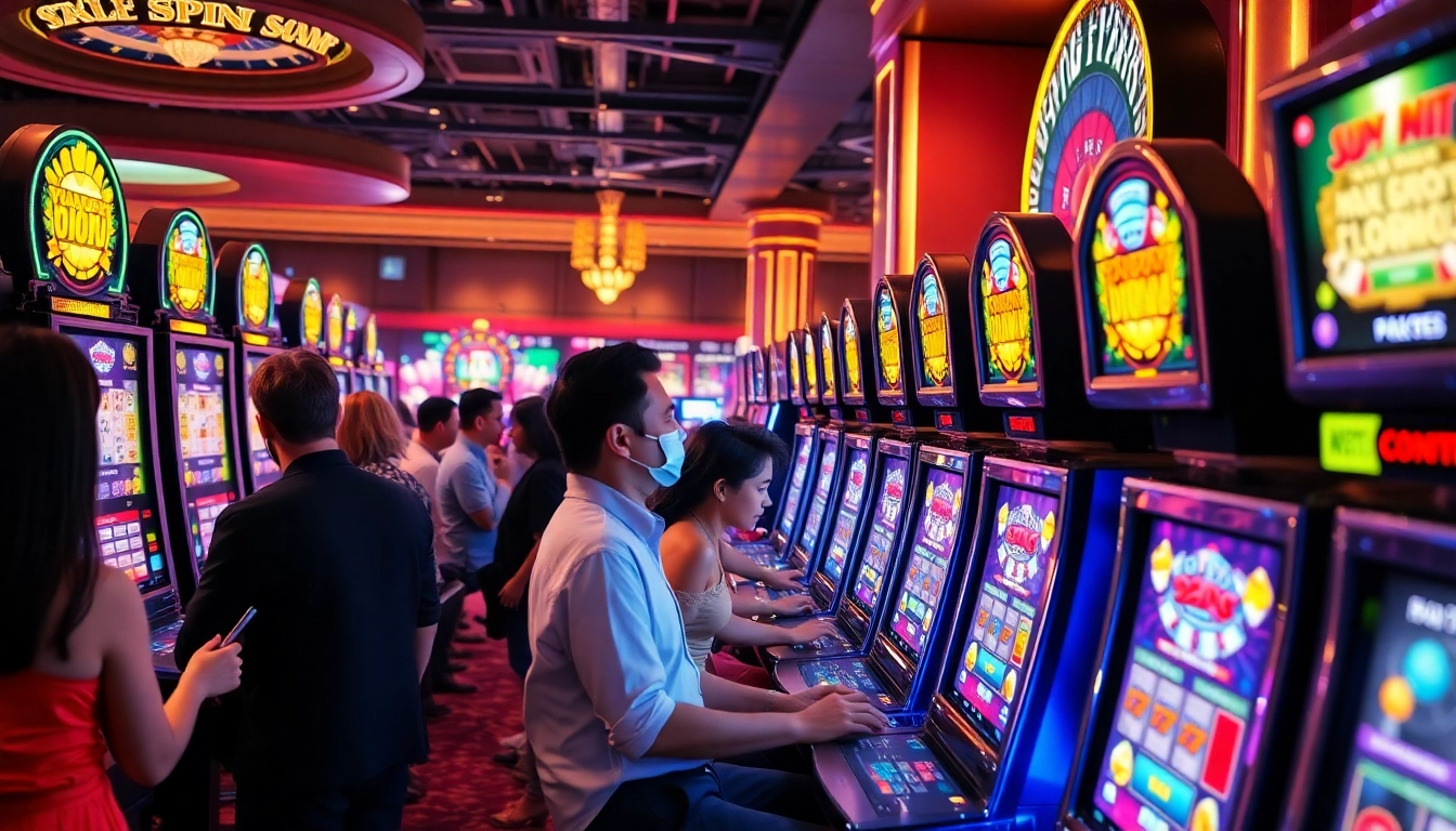Thrilling action at a slot machine with colorful visuals and eager players enjoying the game.