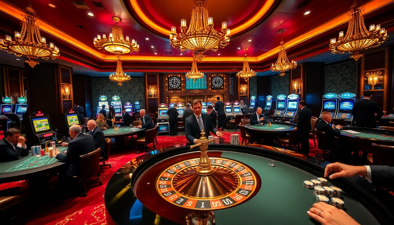 Expérience de jeu passionnante au casino en ligne avec des tables de roulette et de poker dans une atmosphère luxueuse.