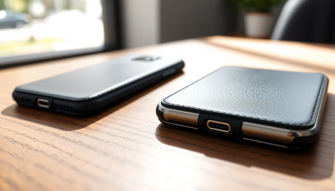 Handytasche Magnetverschluss auf einem Tisch, stilvoll und elegant präsentiert.