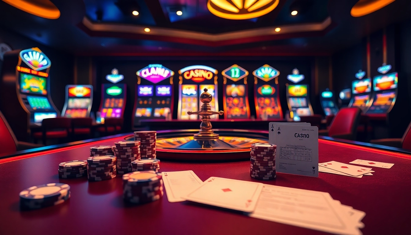 Scène engageante de casino en ligne avec des jetons de poker et une roulette, montrant l'excitation des jeux en ligne.