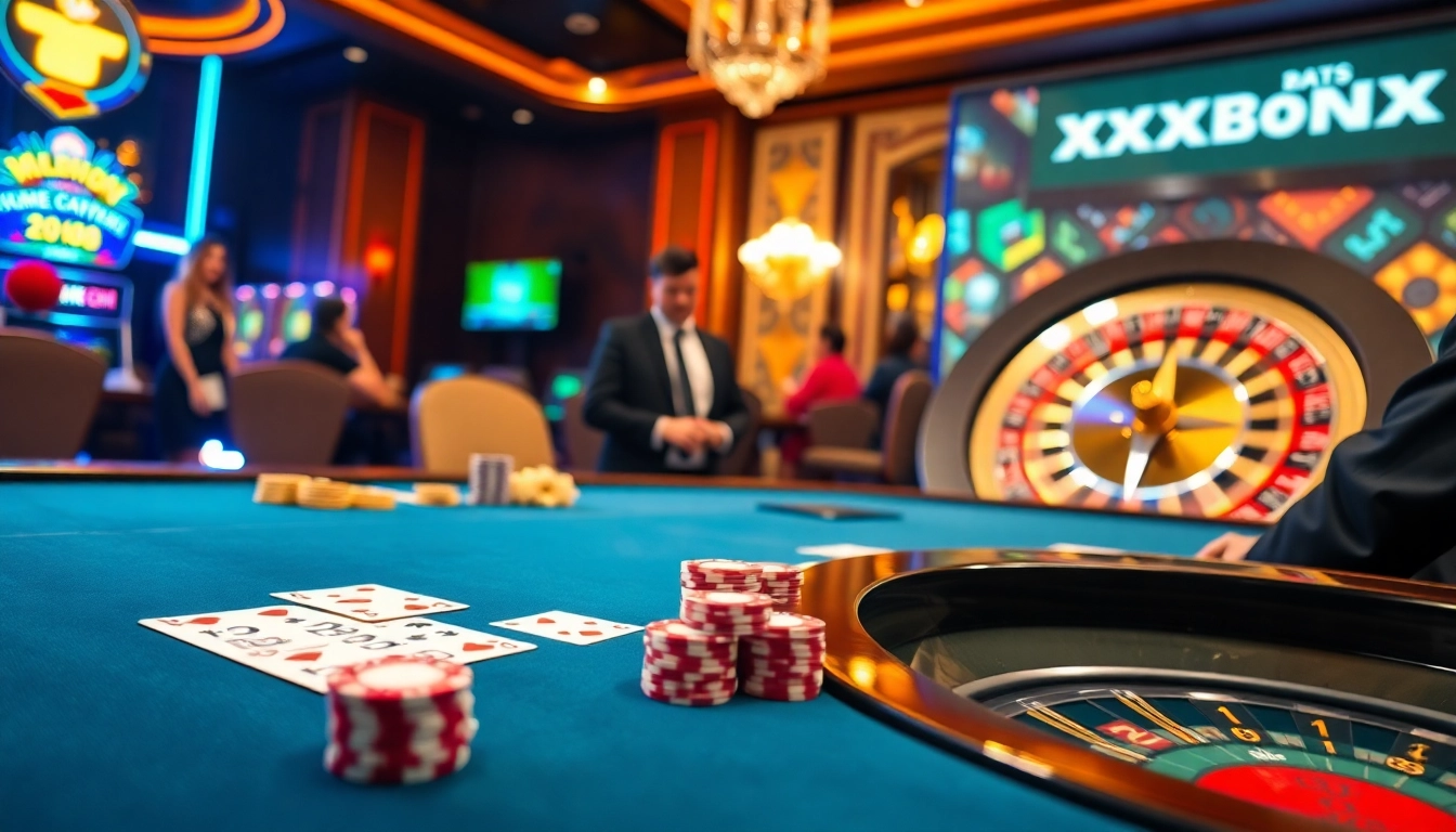 Players engage at a stylish xx88center casino table, generating excitement and thrill.