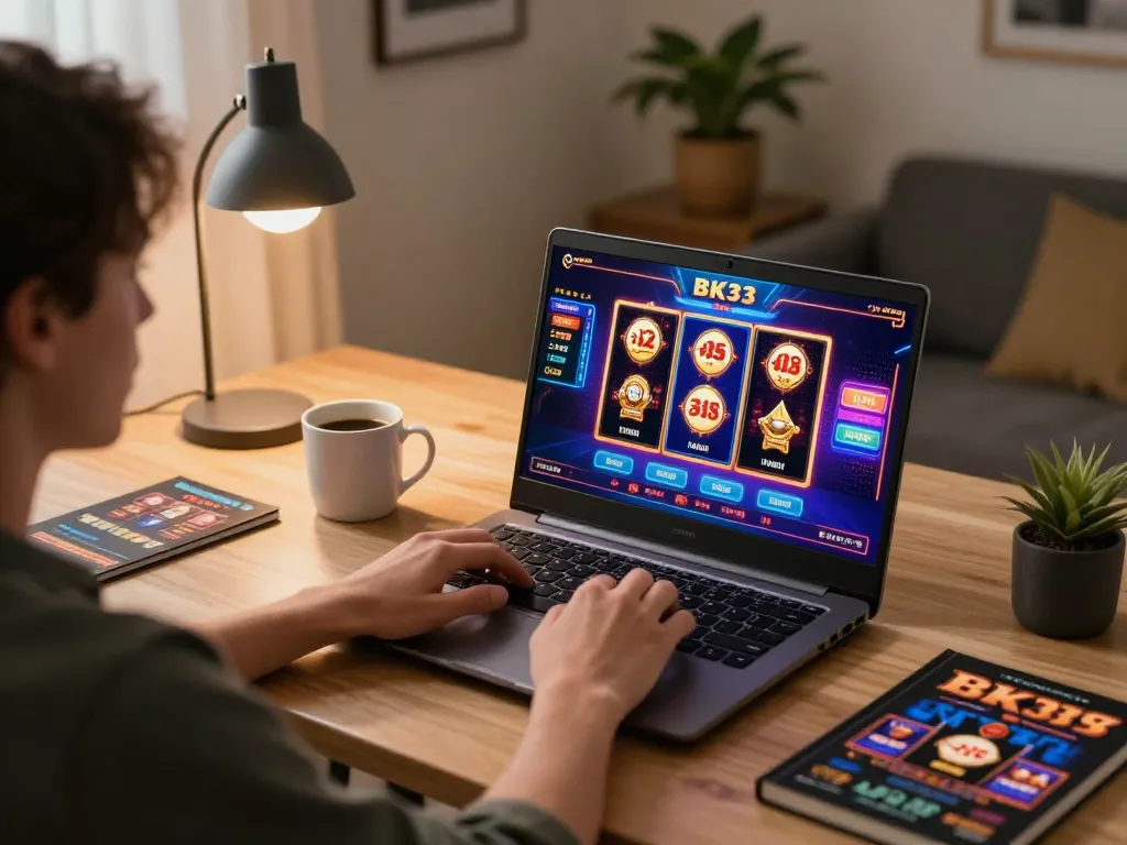 Engaging moment of a user enjoying BK33 online casino games on a laptop in a cozy home setting