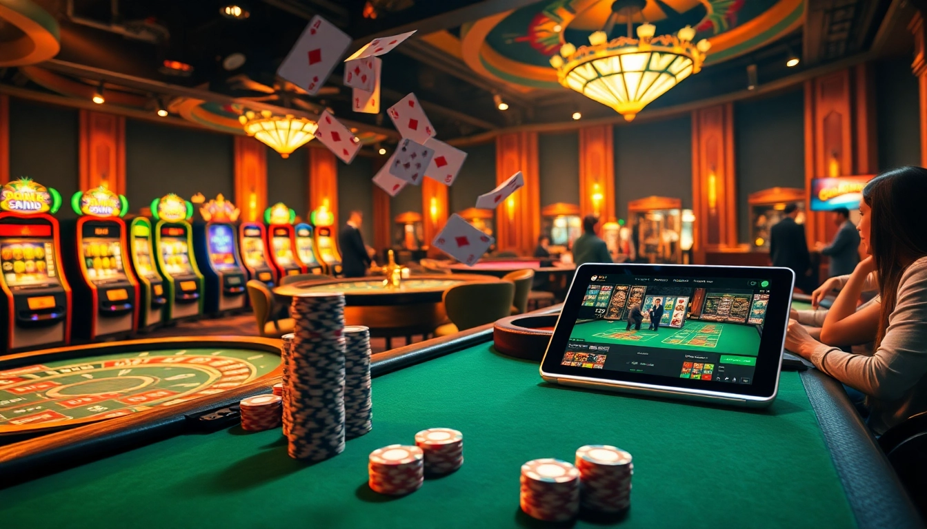 Scène passionnante de casino en ligne avec des tables vibrantes, des machines à sous et des joueurs profitant de l'excitation du jeu.