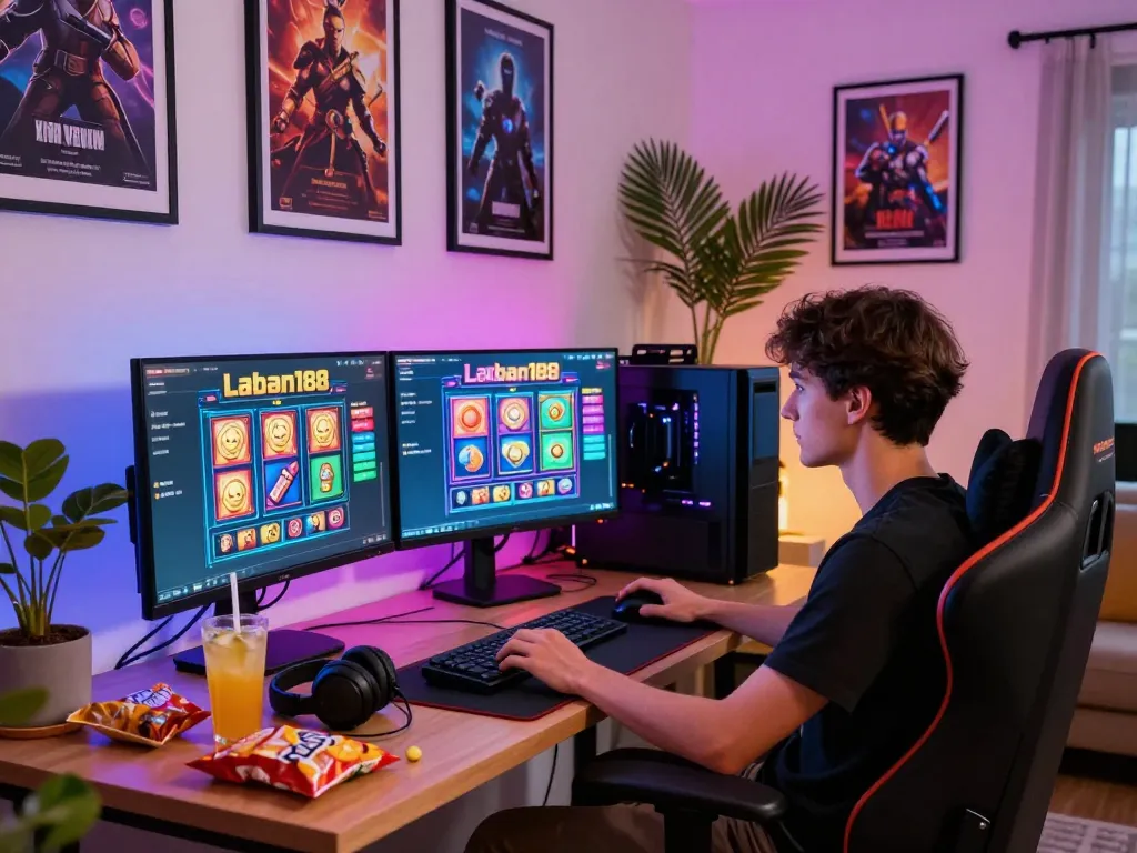 Pengaturan permainan online laoban188 yang menarik dengan visual berwarna-warni dan camilan.