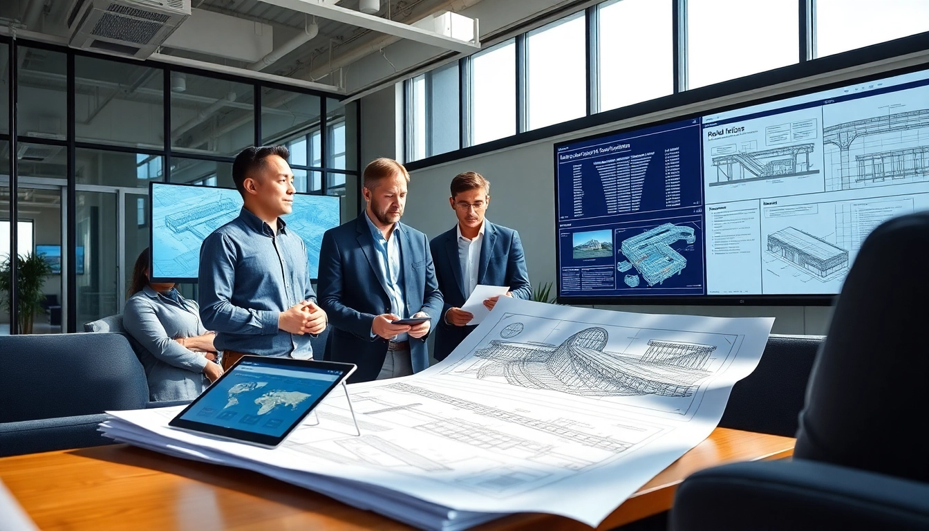 Railroad Design Consultants collaborating on modern projects with blueprints and technology.