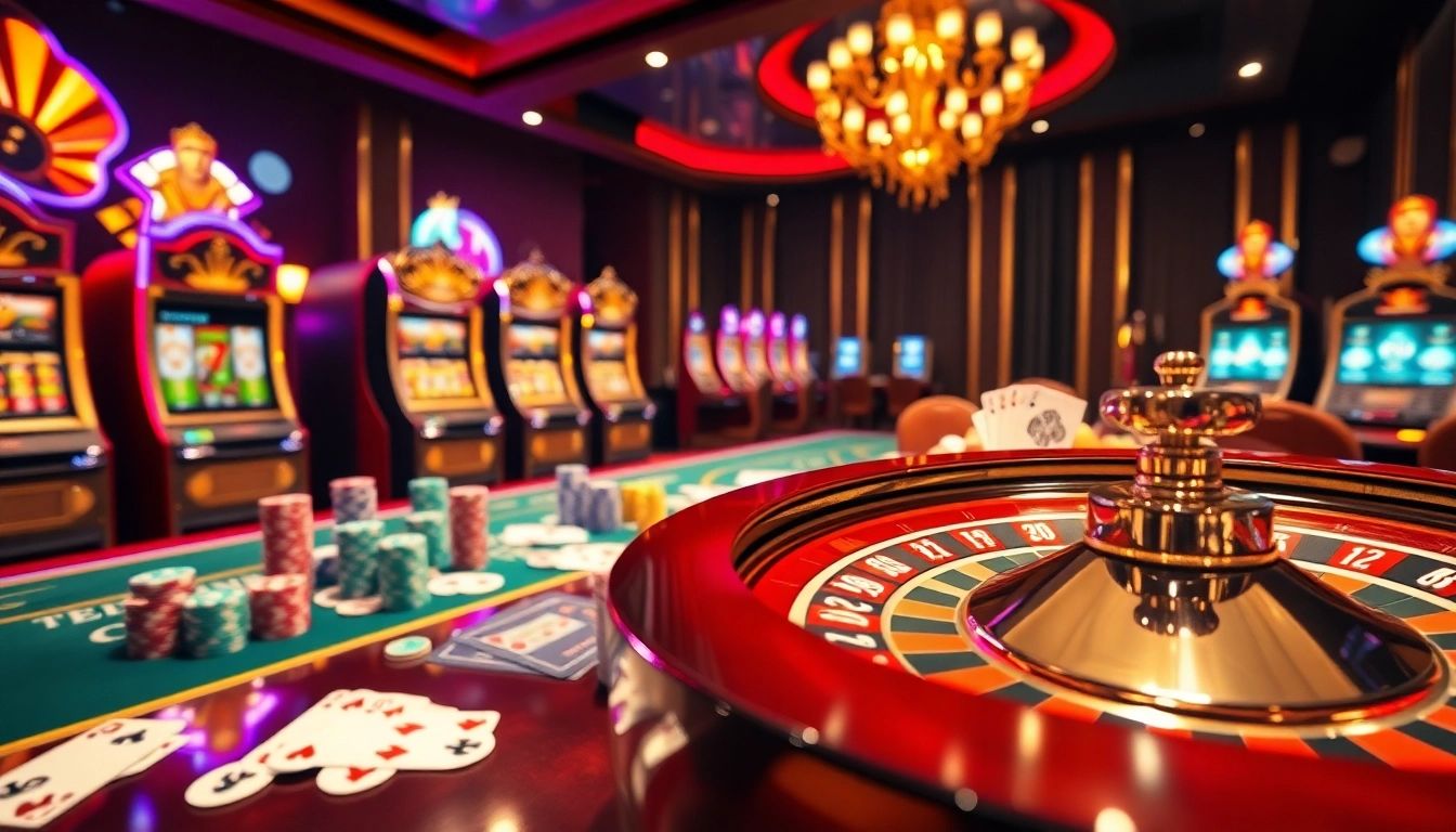 Plongez dans une ambiance passionnante de casino en ligne avec des machines à sous vibrantes et des jetons de poker en exposition.