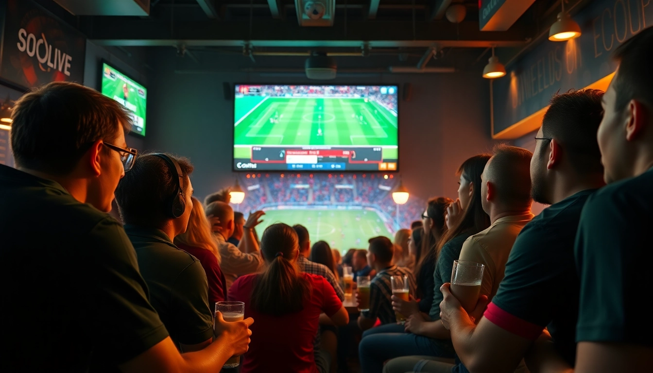 Exciting football fans watching live matches on https://socolive.com.co/ in a vibrant sports bar setting.