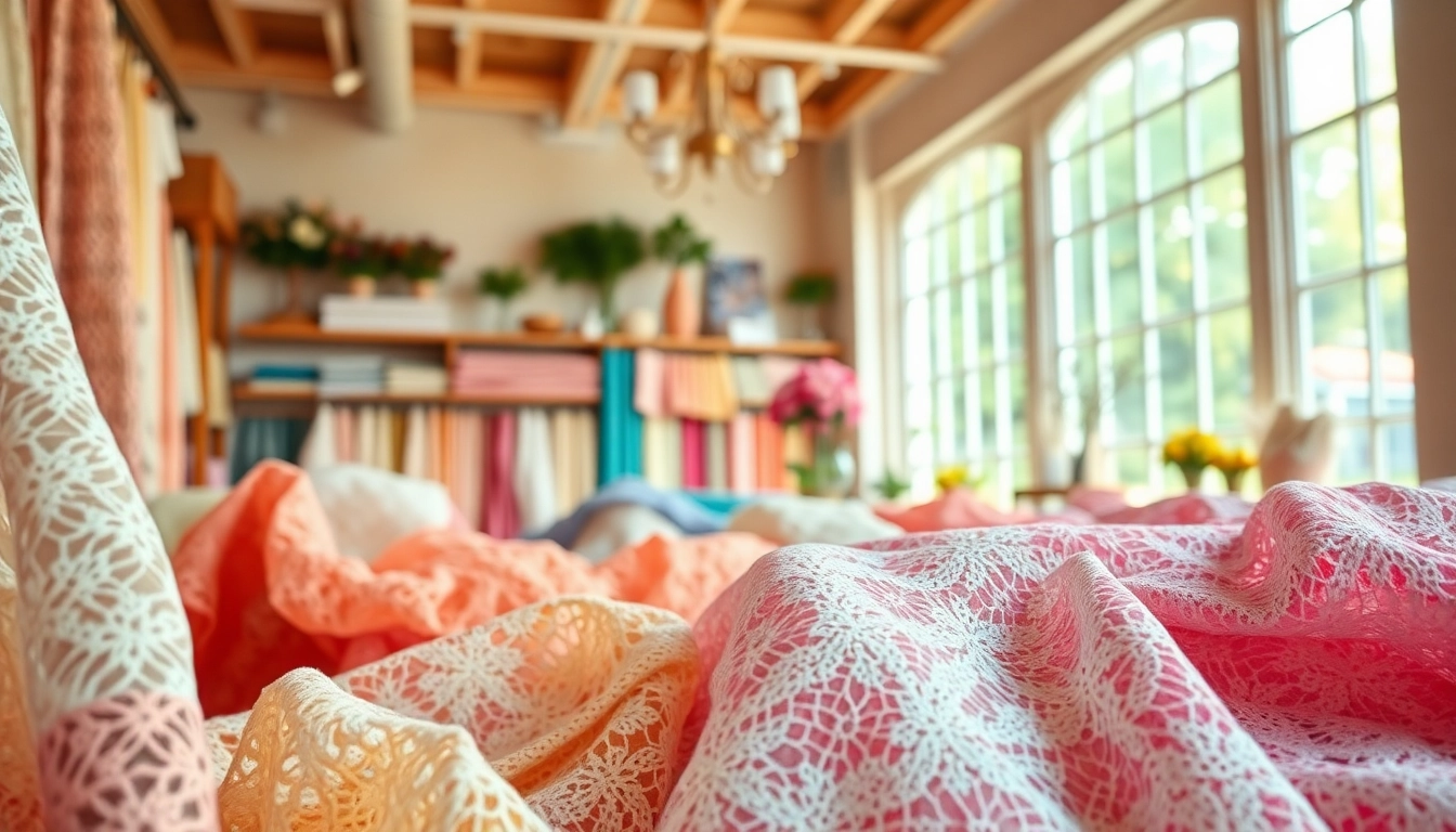 Kant stof kopen, prachtige, kleurrijke lappen kant in een stoffenwinkel.