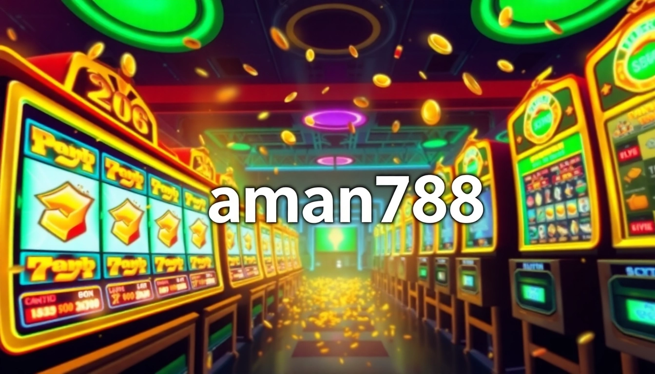 A vibrant slot machine scene showcasing aman788 with colorful lights and jackpot animations