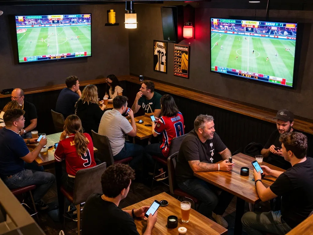 Iwin users engaging in real-time sports betting action at a bustling sports bar with large screens