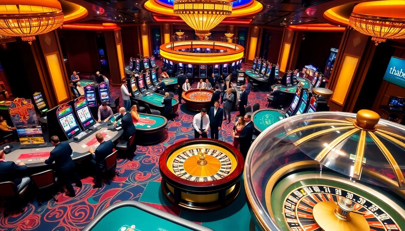 Exciting betting at Thabet Casino with vibrant poker tables and towering slot machines.