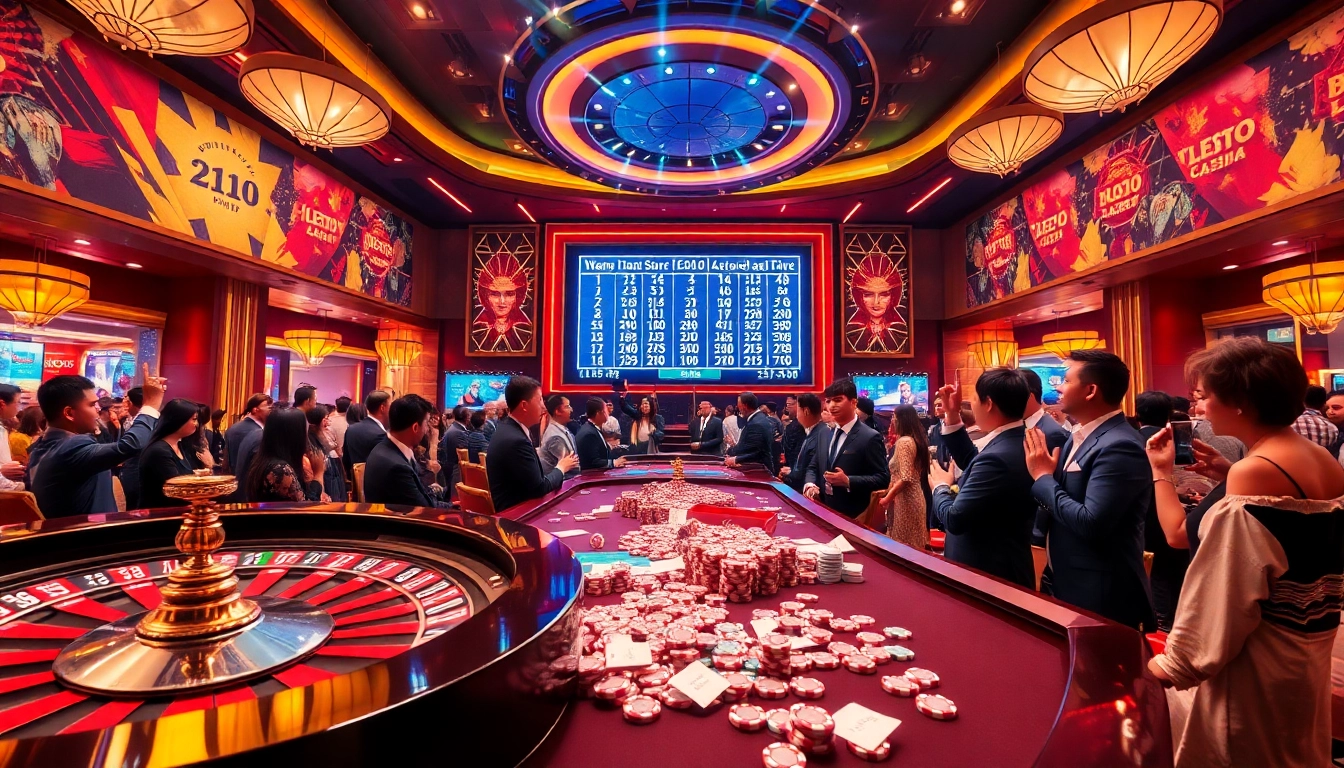 Kết quả xổ số hôm nay showcased in a thrilling casino scene with excited gamblers and winning numbers.