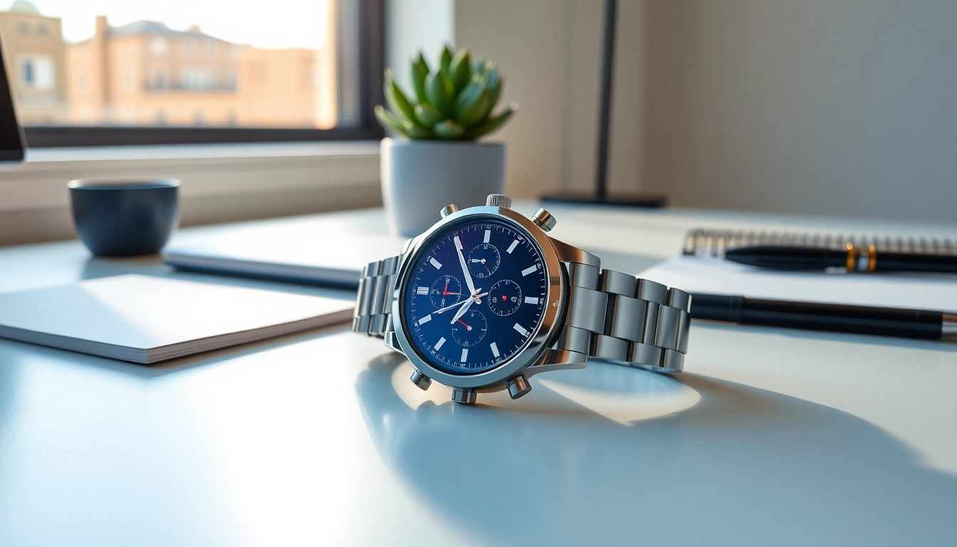 Showcasing Finesse Smart Watch on a modern desk, highlighting its sleek design and technology.